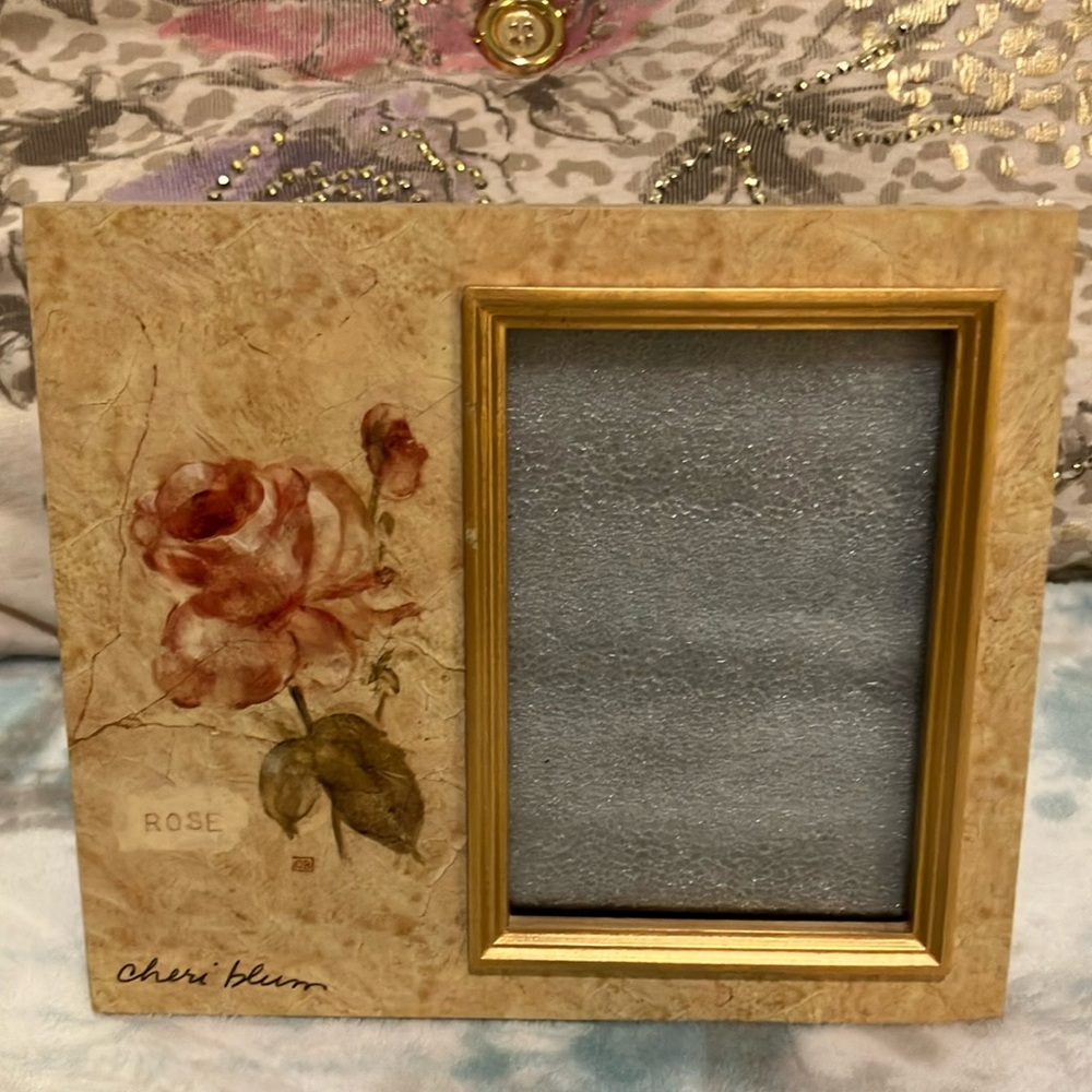 Cheri Blum Gold Tone and Beige Photo Frame W/ Rose 7” x 6 1/8” Fits Photo 3 x 5